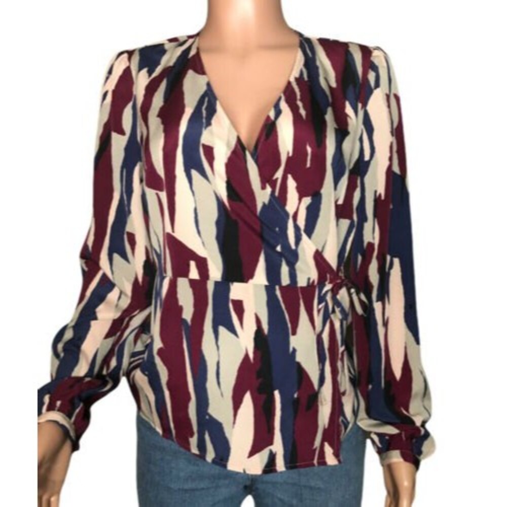 NWT Women's Madison Large Multi Color Print Long Sleeve Wrap Top